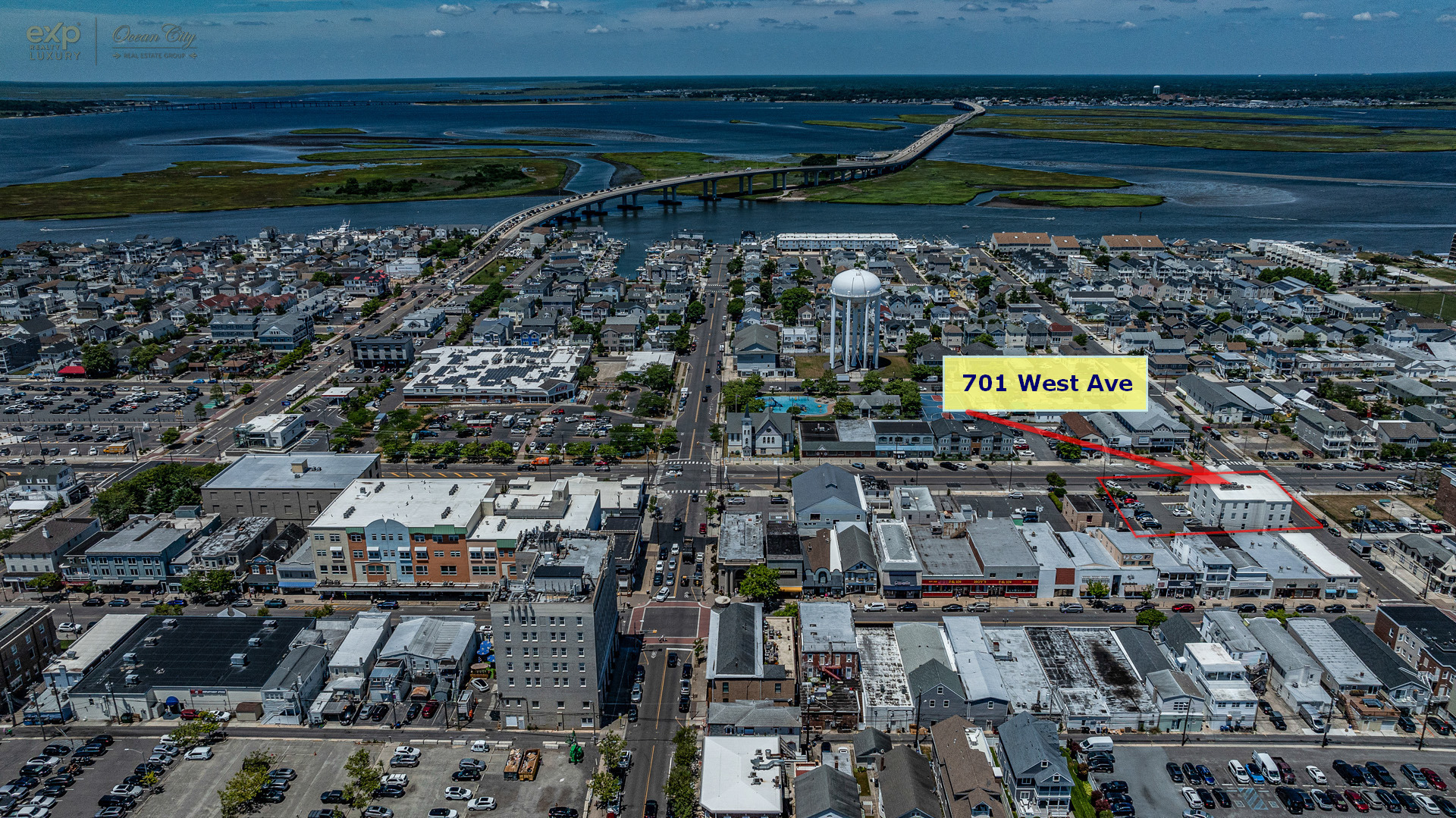 Aerial view of Ocean City NJ showing the bridge to the mainland and 701 West Ave